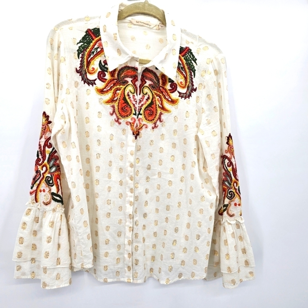 Soft Surroundings Flamenco Embroidered Button Down Top Womens Size Medium